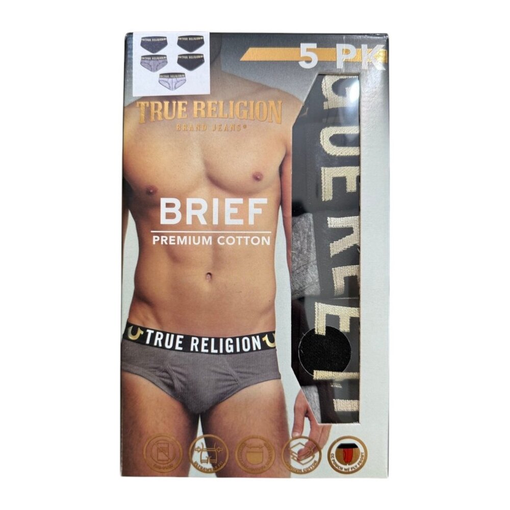 5 Pack True Religion Low Rise Premium Briefs Underwear Black / Gray Men's